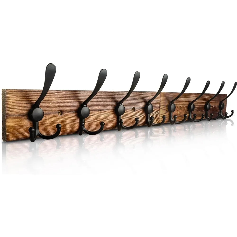 Wall Mounted Coat Rack 31.5'' Wooden Burnt Brown with 8 Black Hooks M98962
