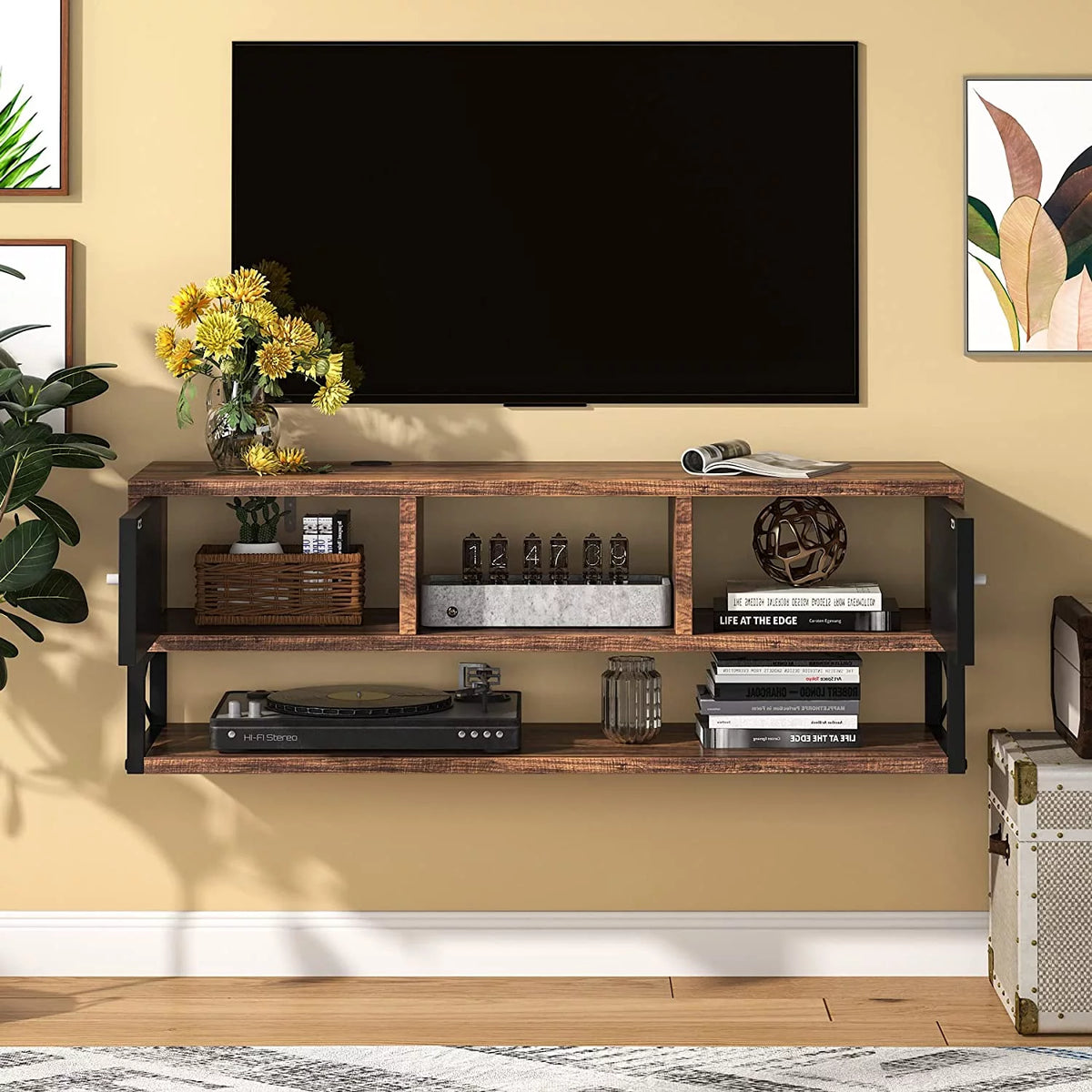 3 Tier Wall Mounted Media Console with Doors Storage E5357