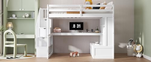 White Full Size Loft Bed with L-Shaped Desk, Wardrobe and Storage Shelves P1178