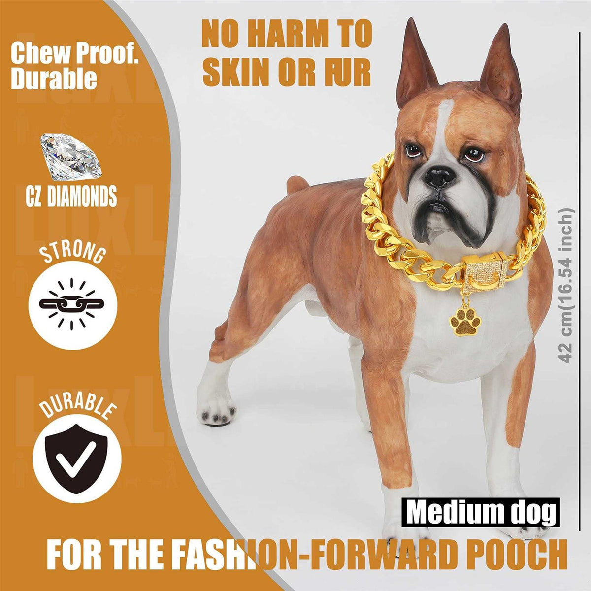 Dog Chain Collar Gold with CZ Buckle 19mm Cuban Link Metal Dog Collar O2309