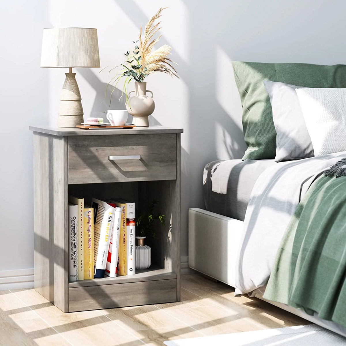 2 Tier Nightstand with Drawer, White O4789