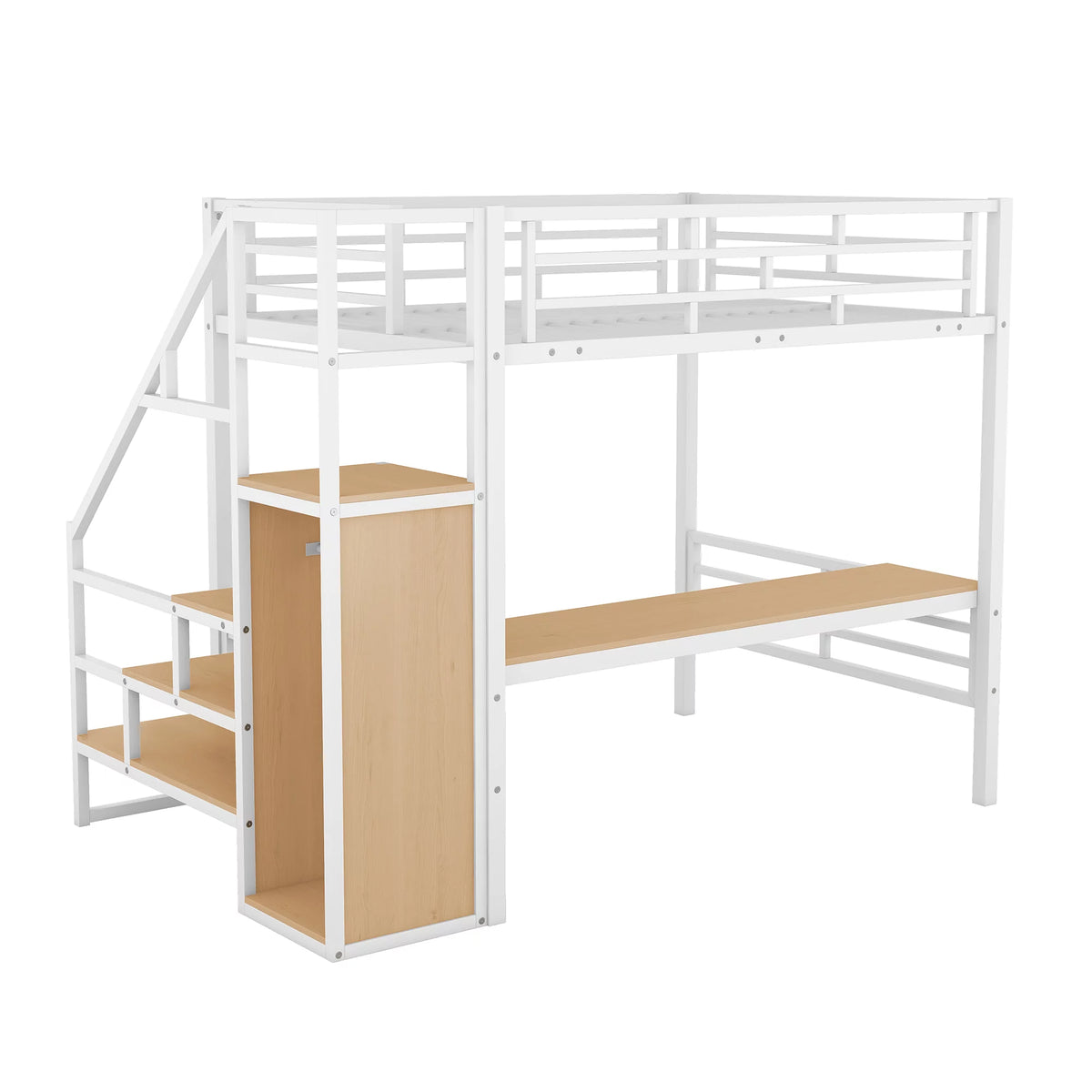 White Full Size Metal Loft Bed with Desk and Storage Staircase Q861