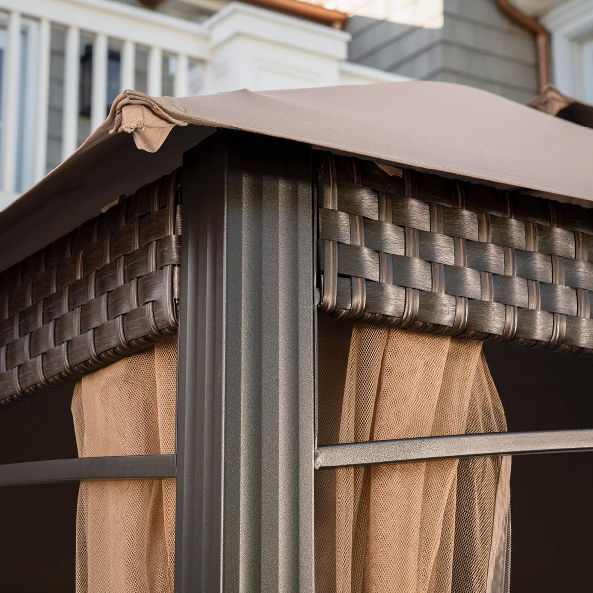 Tan Aluminum and Steel Gazebo with Mosquito Netting Q22118