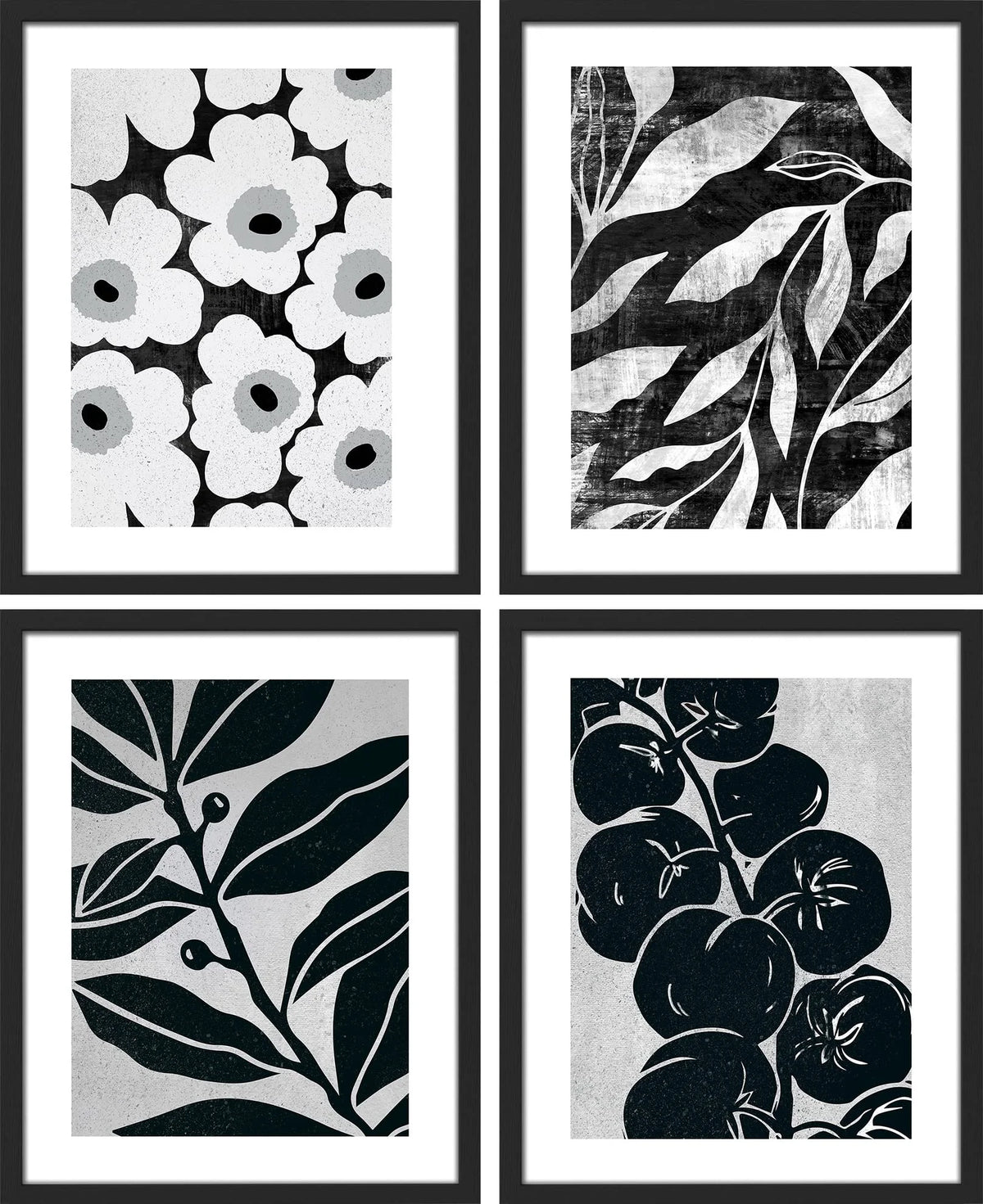 Black & White Floral Botanical Canvas Prints Set of 4 S960