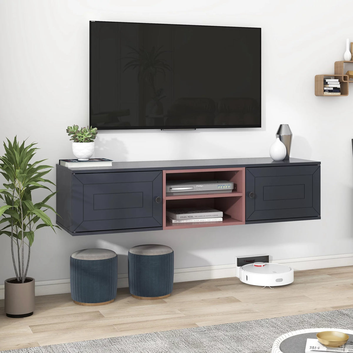 Black Wall Mounted TV Stand with 2 Storage Cabinet N626