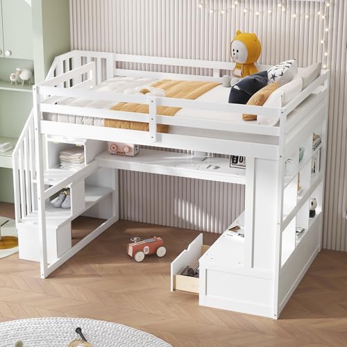White Full Size Loft Bed with L-Shaped Desk, Wardrobe and Storage Shelves P1178