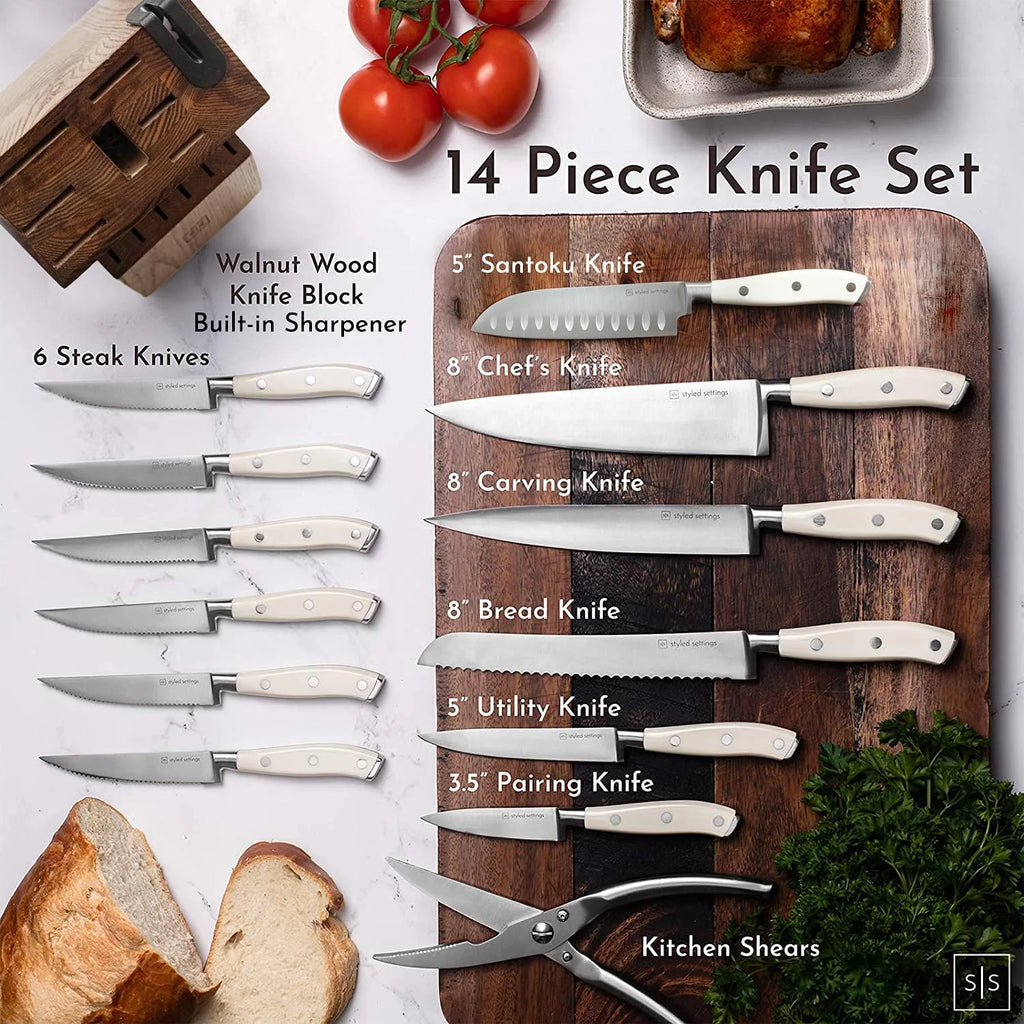 White Stainless Steel Knife Set with Walnut Block X324