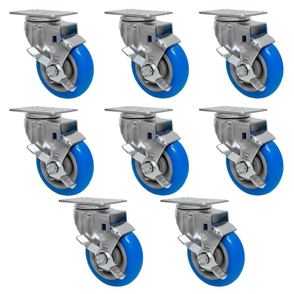 8 Pack 4 inch Blue Heavy Duty Caster Wheel with Top Plate and Side Lock Brake F15436