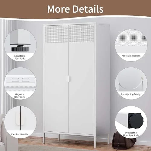 Metal Cabinet Locker with Hanging Rod and Adjustable Shelves White S6383