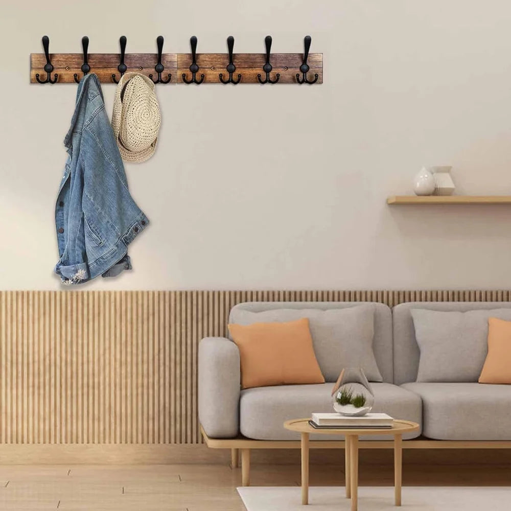 Wall Mounted Coat Rack 31.5'' Wooden Burnt Brown with 8 Black Hooks M98962