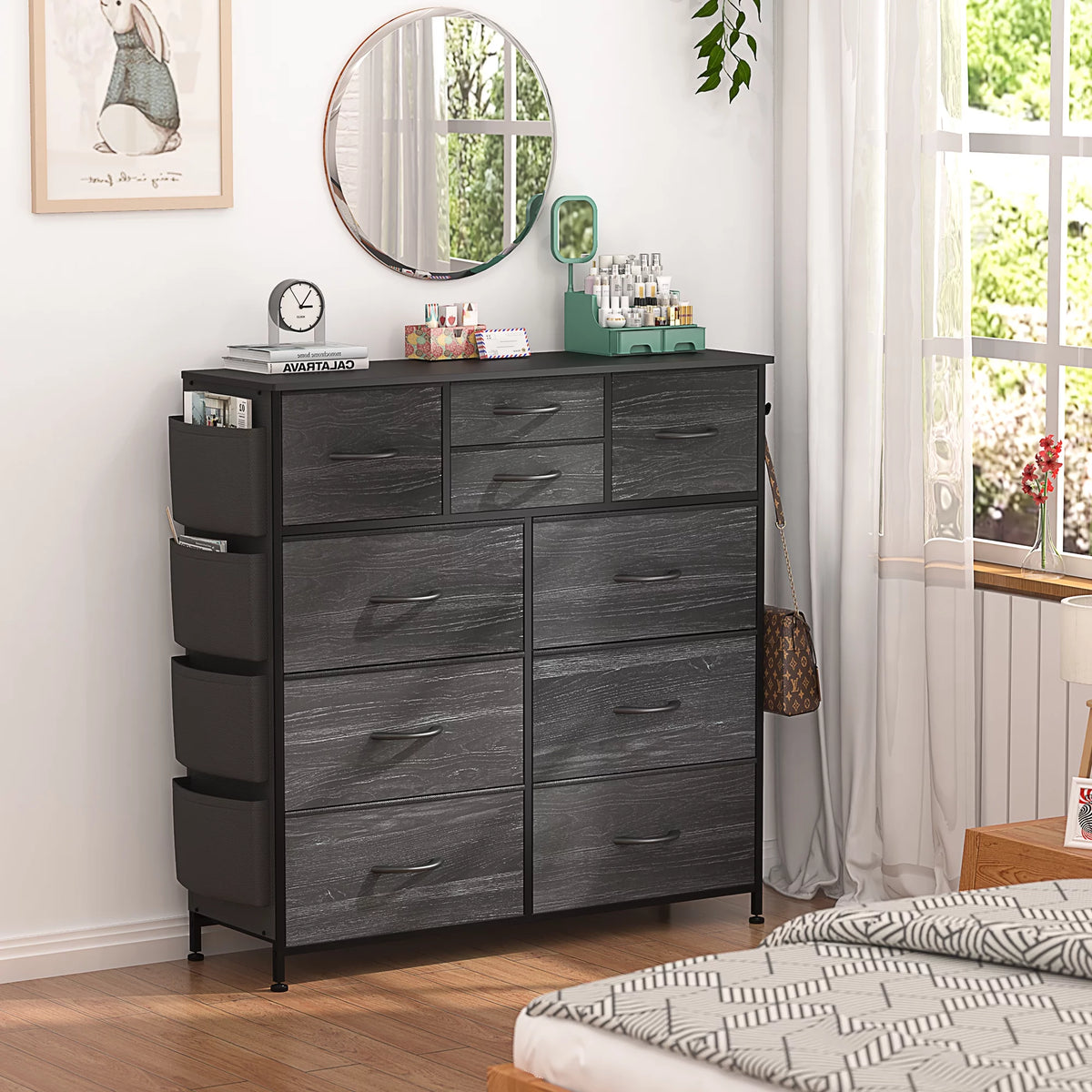 Black 10 Drawer Fabric Dresser with Wood Top B136