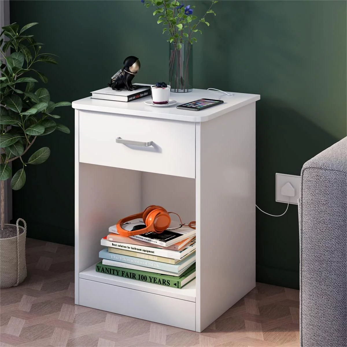 2 Tier Nightstand with Drawer, White O4789